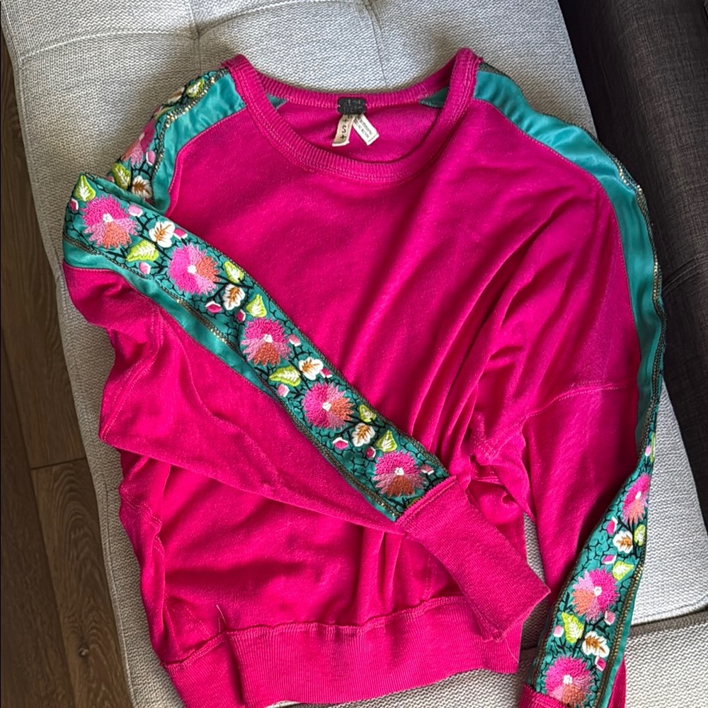 We the free pink long sleeve with floral embroidery